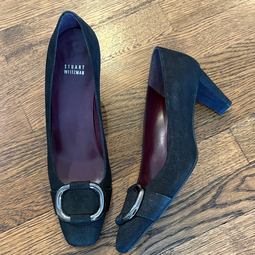 Stuart Weitzman Black Textured Mid-Heel Pumps with Silver Buckle, 10